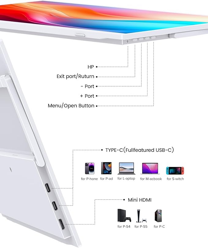 UPERFECT Portable Monitor 15.6", 125% sRGB 1080P Laptop Monitor, Ultra-Slim White Display, USB-C & MINI HDMI, 350 Nits, VESA & Case, Travel Small Second Screen for Computer, Mini PC, Game Consoles