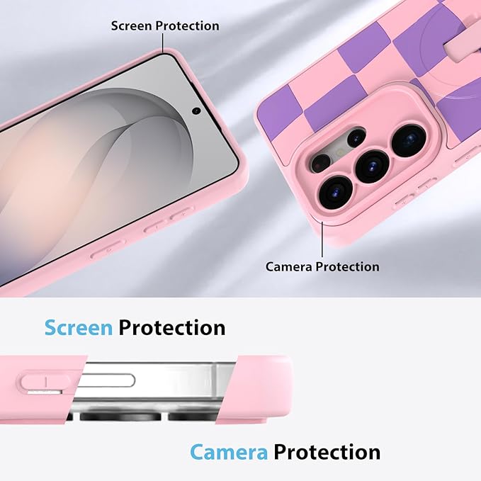KANGHAR Compatible with Samsung Galaxy S26 Ultra Case, Support for MagSafe, Silicone Checkered Cute Pattern, Wristband Kickstand Camera Protection Soft Slim Cover for Girls Women -Pink