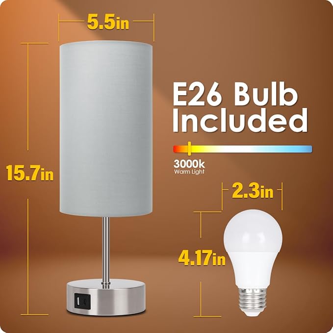 Yarra-Decor 【Upgraded Bedside Lamp with USB A+C Charging Ports & AC Outlet Touch Control Table Lamp for Bedroom 3 Way Dimmable Nightstand Lamp with Grey Shade for Home Office, Dorm(Bulb Included)
