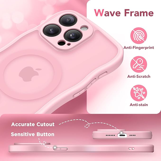 CAPRARO Cute for iPhone 14 Pro Case, Compatible with MagSafe, [Curly Wave Edge] [Full Camera Protection] [14 FT Drop Protection] Magnetic Phone Case for 14 Pro 6.1 Inch, Peach Pink