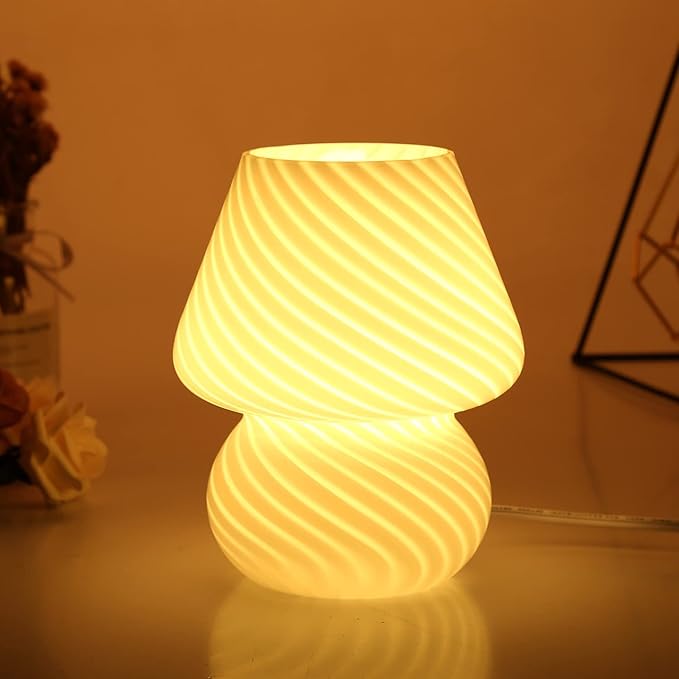 BSOD Mushroom Lamp,Glass Table Bedside Lamps Translucent Murano Vintage Style Striped Small Night Mushroom Decor Light Swirl for Ambient,Kids,Bedroom,Living,Girl Gift (Stripe White)