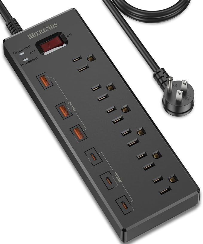 Power Strip, HITRENDS Surge Protector with 6 AC Outlets & 6 USB Ports (3 USB-C & 3 USB-A), 20W PD Fast Charging USB-C, 6 Ft Flat Plug Extension Cord with Multiple Outlet, 1625W/13A, for Home Office