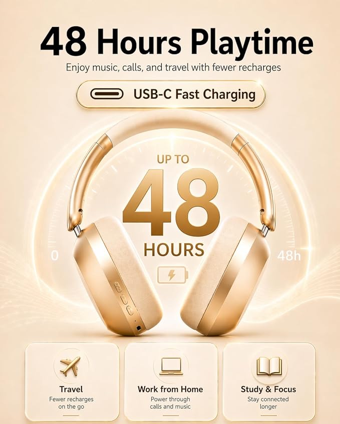 Wentronic Y05 Active Noise Cancelling Over Ear Headphones, Bluetooth 5.3 Wireless Headphones with Mic, 48H Playtime, USB-C Fast Charging, Hi-Res Audio, Starlight
