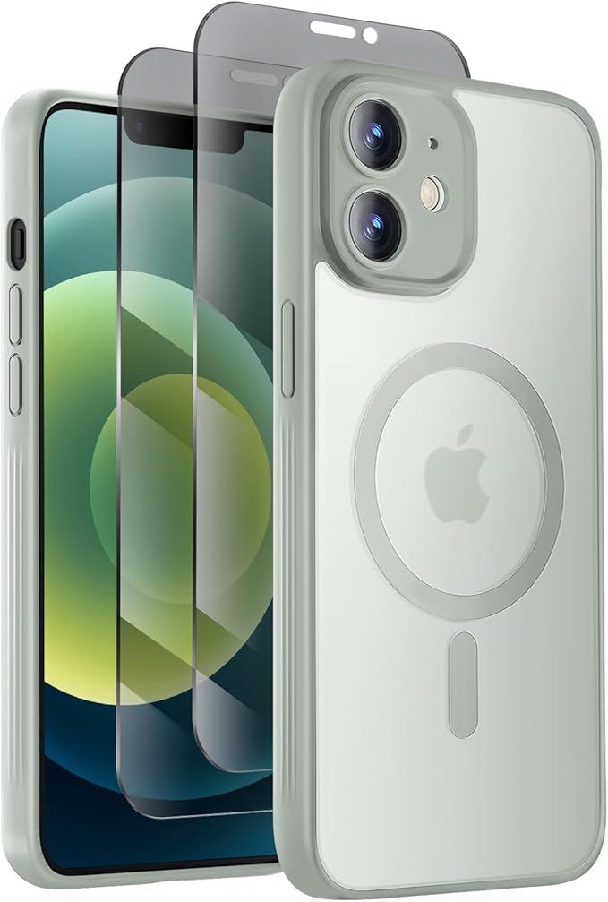 Symcele Designed for iPhone 12 Case, Compatible with MagSafe, with Privacy Screen Protectors X2, [Camera Protection] [15FT Military Drop Protection] Shockproof Phone Case, 6.1", Calke Green