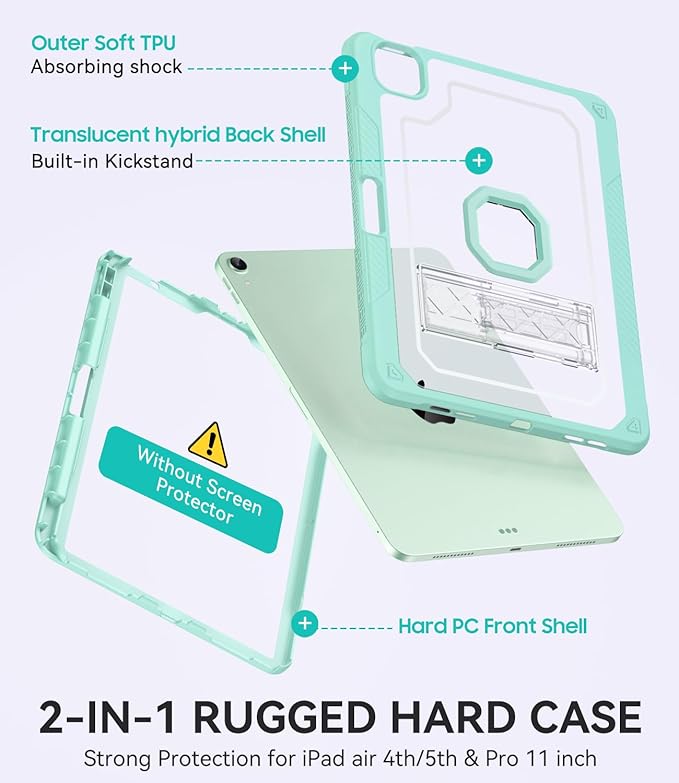 ZoneFoker Case for iPad Air 5th/ 4th Generation Case (2022/2020) 10.9'', for iPad Pro 11 Inch (4th/3rd/2nd/1st Gen), Hard Sturdy Slim Cover for iPad Air 5 4 th with Pencil Holder/Stand, Light Green