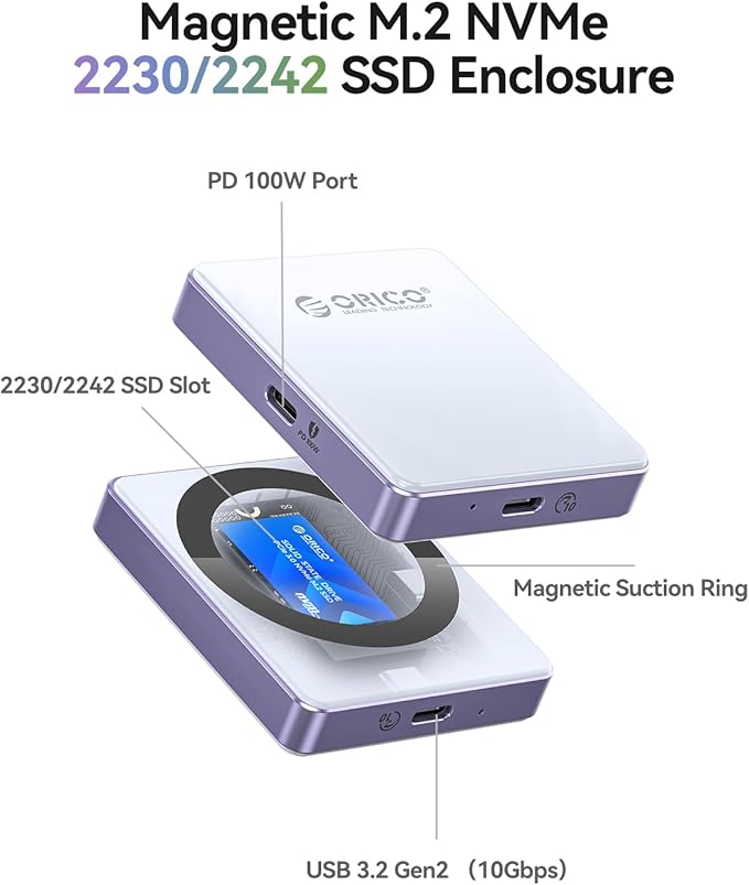 ORICO 10Gbps Magnetic M.2 NVMe SSD Enclosure with PD100W Charging Port 4K ProRes Recording Max 2TB for iPhone 17/16/15 Pro/Pro Max/Plus Support SSD Size 2230/2242 B+M M-Key Diskless AP42P (Blue)