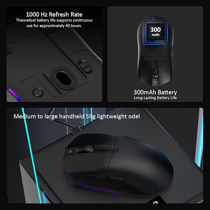 AJ139PRO Dual-Mode 2.4G/Wired Gaming Mouse, 59g Lightweight Design, PAW3395 Sensor, 26K DPI, 300mAh Battery with 40-Hour Battery Life for Windows, Mac Gamer.