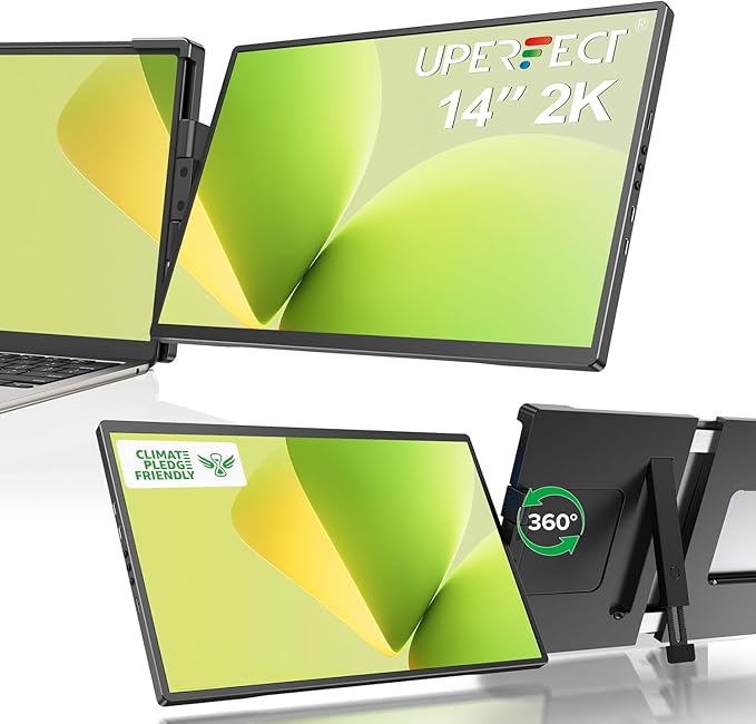 UPERFECT Laptop Screen Extender, 2K 14" 360°Unique Swivel Hinge w/ 180° Automatic Rotation, 2240x1400 QHD IPS Portable Monitor for 14"-17'' Laptops, Plug & Play with Mac, Wins, Dex (Only one Screen)