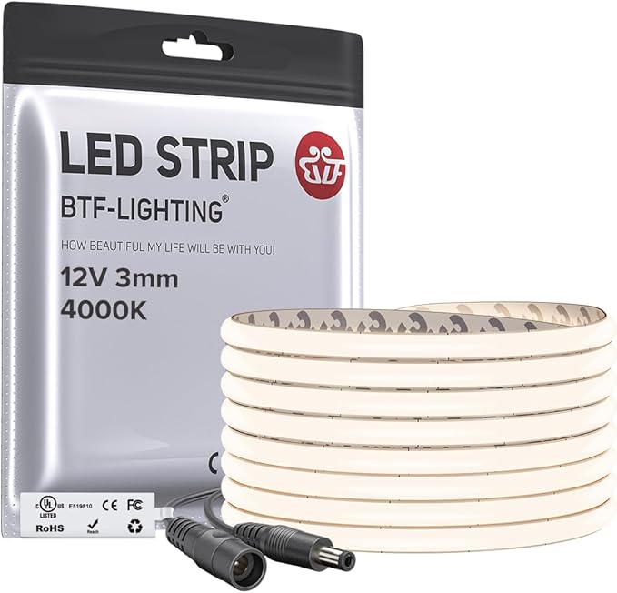 BTF-LIGHTING FCOB COB 3mm Width UL Listed Super Narrow Flexible Uniform LED Strip Light 16.4FT DC12V 4000K CRI 90+ Dimmable LED Ribbon for Kitchen Home Indoor Decoration(No Adapter or Controller)