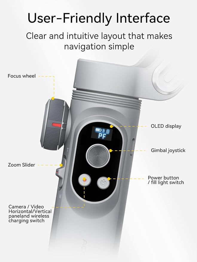 AOCHUAN 3-Axis Phone Gimbal, Gimbal Stabilizer for iPhone w/AI Vision Sensor, Portable for iPhone/Andriod, Phone Stabilizer Built in Fill Light Perfect for TikTok YouTube-Smart XPro AI Grey