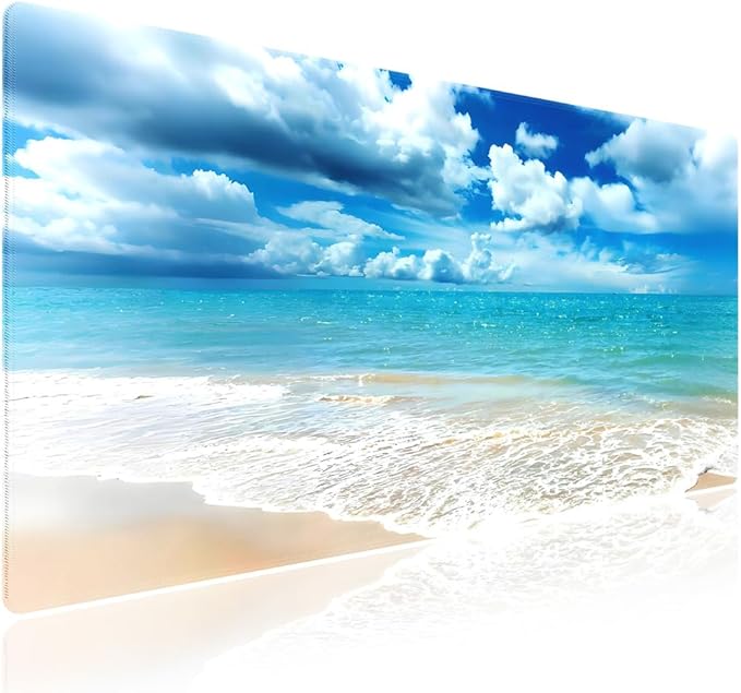 Wknoon. Extra Large Gaming & Office Mouse Pad (31.5" x 11.8") with Durable Stitched Edges – Tranquil Coastal Beach Scene with Clear Blue Waters and Puffy Clouds, Anti-Slip Base Extended XXL Desk Mat
