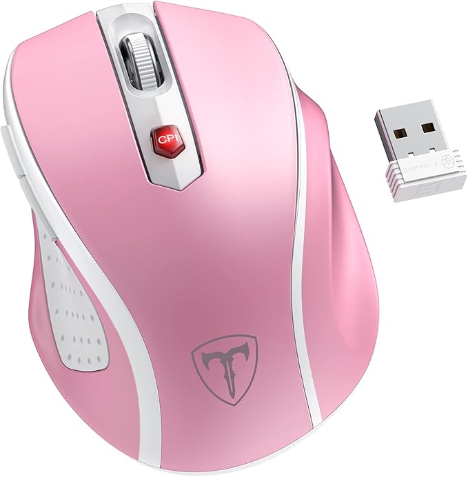 HOTWEEMS D-09 Wireless Mouse for Laptop - Ergonomic Plus Computer USB Cordless Mice, Ergo Grips, Lightspeed 5-Level 2400 DPI, 16 Months Battery, Portable for PC Mac Chromebook, 6 Button, Flamingo Pink