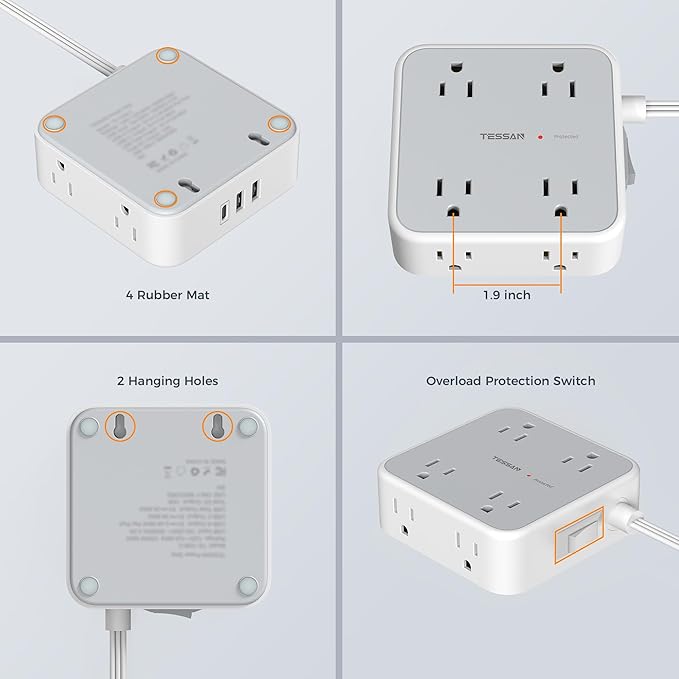 TESSAN Surge Protector Power Strip, 5 Ft Flat Plug Extension Cord with 3 USB (1 USB C) 8 Outlets, 1250W, 900J Protection, 3 Sided Outlet Extender with Ring Plug for Office, Dorm Room, Grey