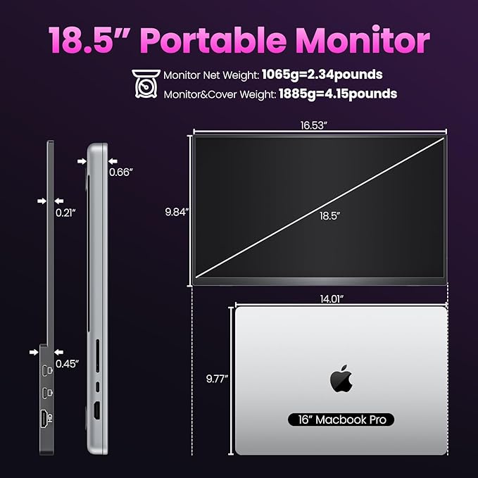 Upperizon Portable Monitor 18.5 inch FHD 130% sRGB 100Hz HDR HDMI USB-C Travel Monitor for Laptop MacBook PC Surface PS5 Xbox, Large External Display with Cover & Speakers, VESA Compatible