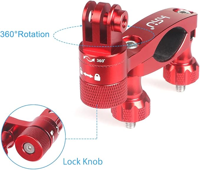 HSU 0.6-1.3inch All-Aluminum Bike/Motorcycle Handlebars, 360° Rotation Seat Post, Ski Pole Mount Compatible with Go Pro Hero 13/12/11/10/9/8/7/6/5, DJI Osmo Action AKASO and Other Action Cameras (Red)