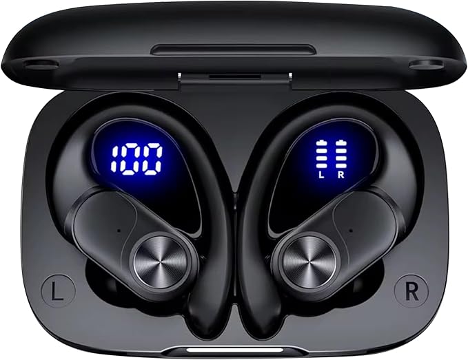 Wireless Bluetooth Sports Earbuds - Over-Ear Hook Headphones with LED Display - Touch Control & Voice Assistant - Wireless Charging Case – for Running - Gym - Workout (Black)