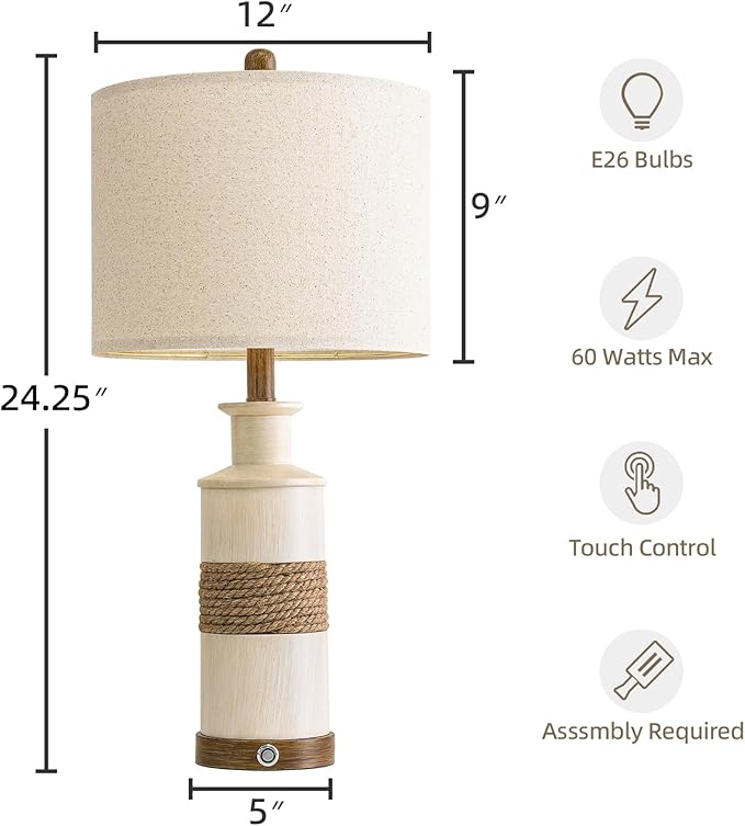 BOBOMOMO 24.5" Farmhouse Boho Table Lamps Set of 2, Hand-Woven Rattan Bedside Lamps with 3-Way Dimmable Touch Control & USB A+C Ports, Nightstand Lamp for Bedroom, Living Room, Corner (Bulbs Included)