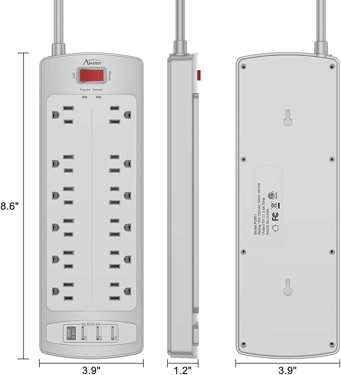 Power Strip, ALESTOR Surge Protector with 12 Outlets and 4 USB Ports, 6 Feet Extension Cord (1875W/15A), 2700 Joules, ETL Listed, Grey