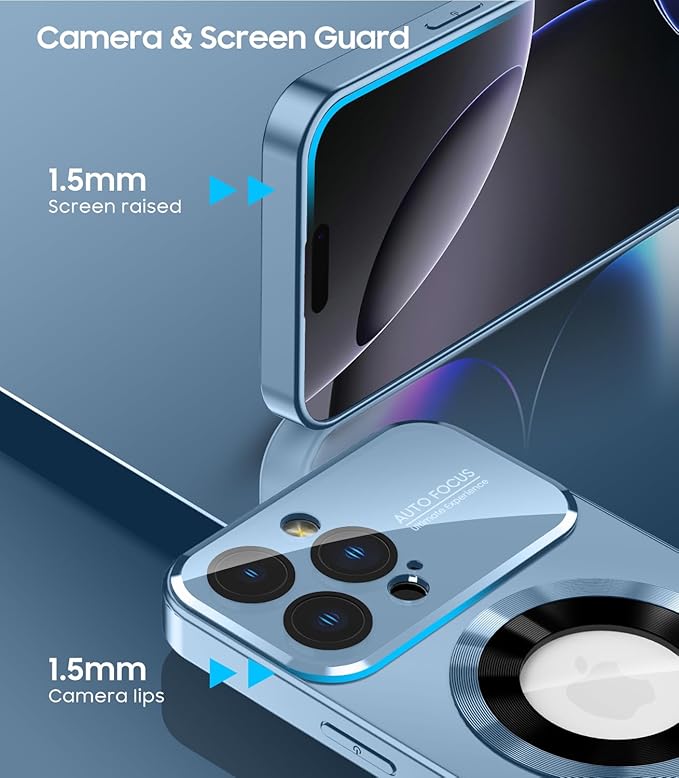 MAKAVO Magnetic for iPhone 16 Pro Max Case, Compatible with MagSafe, Built-in Camera Lens Protector, Logo View, Military Grade Drop Protection Phone Cover, Sierra Blue