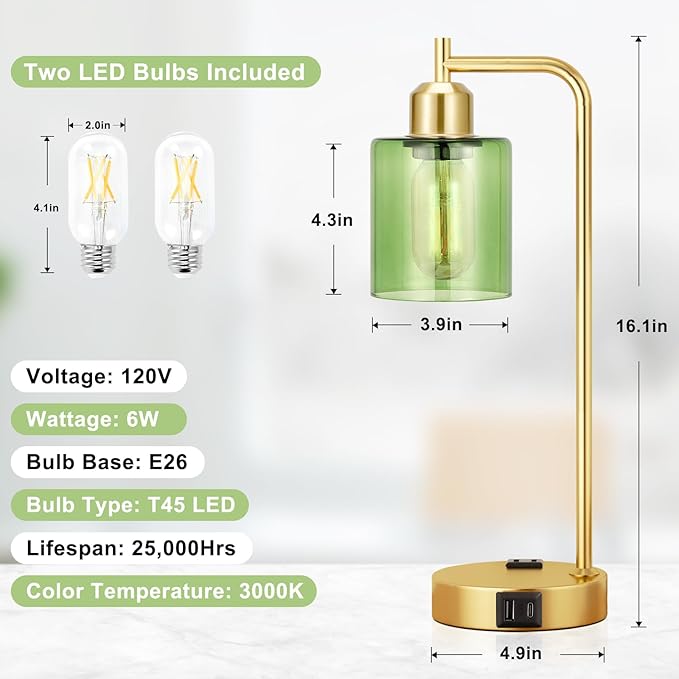 Innqoo Industrial Green Table Lamps for Bedrooms Set of 2-3-Way Dimmable Desk Lamp with USB C+A Ports and Outlet, Gold Lamps with Green Glass Shade for Living Room