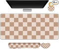 Beige Khaki Checkered Mouse Pad Set, 4 in1 Large Gaming Ergonomics Keyboard Desk Mat with Memory Foam Wrist Rest, Extended Game Mousepad, Non-Slip Desk Pad Matt Easy Typing Pain Relief