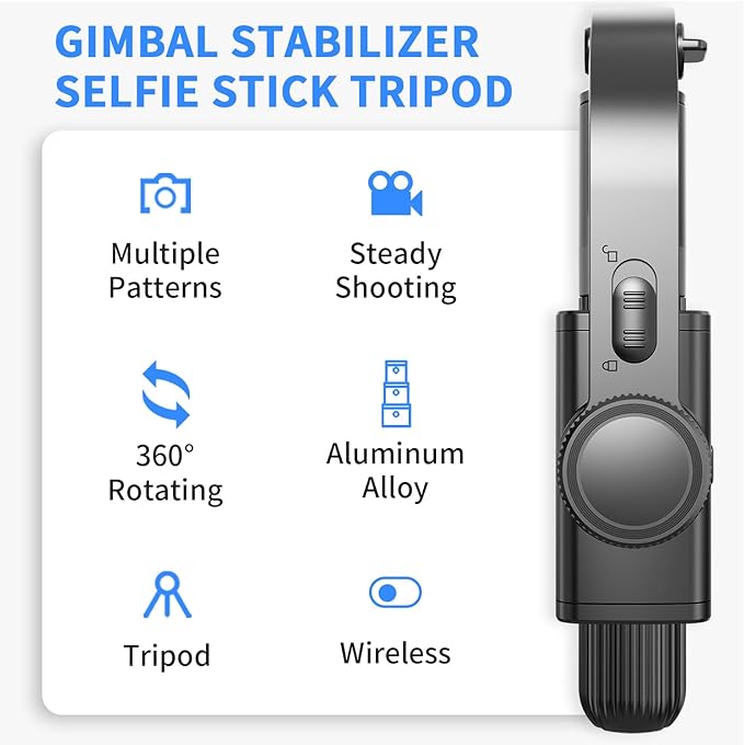 Gimbal Stabilizer for Smartphone ，with Retractable Selfie Stick and Tripod，1-Axis Multifunction Remote 360°Automatic Rotation， Auto Balance for iPhone/Android