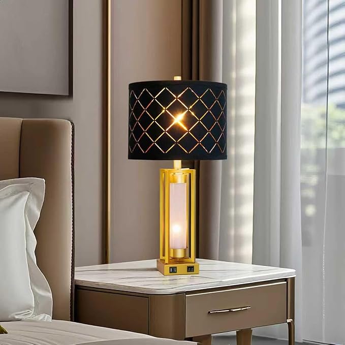 Set of 2 Modern Table Lamps for Living Room Bedroom with USB C+A, Rustic Nightstand Lamps with White Night Light, Black Grid Shade, Desk Lamps for Bedside End Tables, 4 Bulbs Included (Gold)