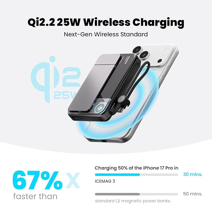 sharge ICEMAG 3 MagSafe Portable Charger, Qi2.2 25W Magnetic Power Bank 10000mAh 35W USB-C Fast Charging, with Active Cooling& Built-in Cable, Transparent RGB Design for iPhone 17e/16/15 Series