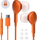 Wired Earbuds USB C for iPhone 17 Pro Max 15 16 iPad Air Pro 11/13 in Ear Headphones Wired with Microphone Volume Control Type C Headphones for Samsung S26 S25 Ultra S24 A16 A56 Xiaomi Pixel Orange