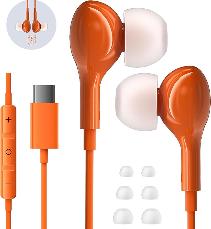 Wired Earbuds USB C for iPhone 17 Pro Max 15 16 iPad Air Pro 11/13 in Ear Headphones Wired with Microphone Volume Control Type C Headphones for Samsung S26 S25 Ultra S24 A16 A56 Xiaomi Pixel Orange