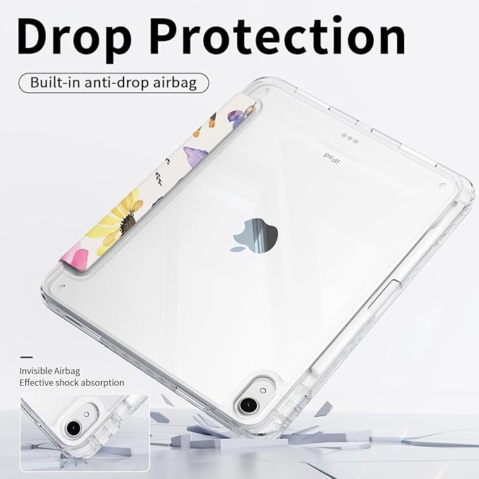 Origami Case for iPad 11th Generation 2025 A16, iPad 10th Generation 2022 Case, Slim Trifold Multi-Angle Stand, Shockproof Clear Back Cover with Pencil Holder, Watercolor Floral