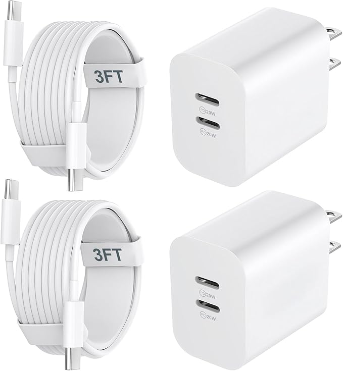 20W Dual Port Type C Fast Wall Charger Power Adapter, USB C Charging Block with 3FT USB-C to C Cable for Phone 17/16/15/15 Plus/15 Pro/15 Pro Max, Pad Pro/Air, Android Phone