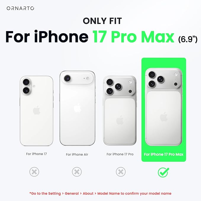 ORNARTO Air Case for iPhone 17 Pro Max Clear | Military-Grade Drop Protection | Camera Control Button | Compatible with MagSafe | Built-in Air Phone Cover - Black