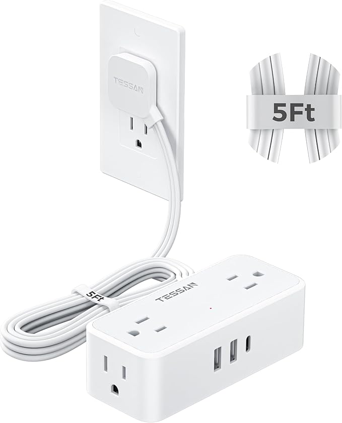 TESSAN Flat Plug Extension Cord 5 FT, Surge Protector Power Strip with 4 AC Outlets 1 USB C and 2 USB A Ports, 900 Joules Protection, Multiple Wall Outlet Extender Suitable for Office Dorm, White