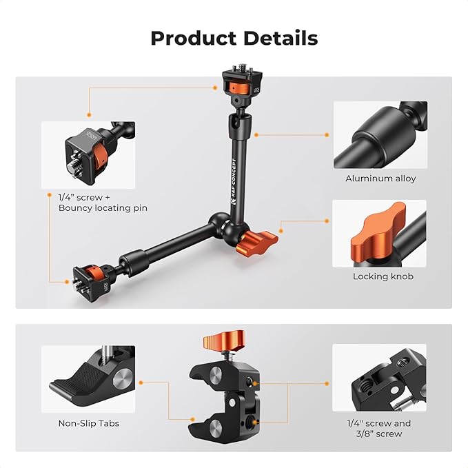 K&F CONCEPT 11" Magic Arm Clamp with Super Clamp ARRI 1/4" & 3/8" Thread Screw, 360° Ball Heads Arm with Clamp Mount for Monitor, LED Light, Webcam, Action Camera