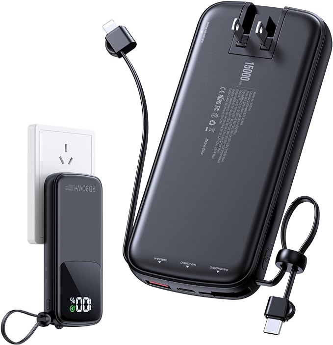 LOVELEDI Portable-Charger-Power-Bank - 15000mAh Power Bank Supports PD 30W Fast Charging Built-in AC Wall Plug and 2 Output Cables with LED Display for iPhone iPad and Most Electronic Devices(Black)