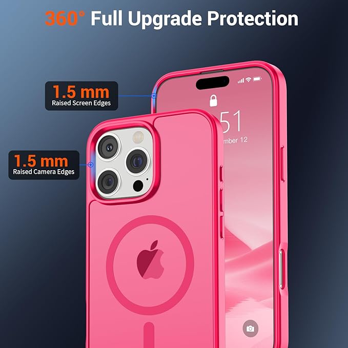 SUPFINE Magnetic for iPhone 16 Pro Max Case (Compatible with MagSafe) (Military Grade Drop Protection) Slim Translucent Matte Shockproof with Anti-Fingerprint Phone Case, Hot Pink