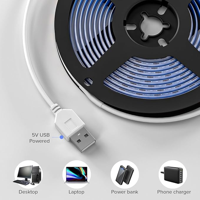 6.56FT/2M 5V USB LED Light Strip Blue Flexible High Density COB Strips 640LEDs, 8mm LED Tape for Under Cabinet Bedroom No Controller and Power
