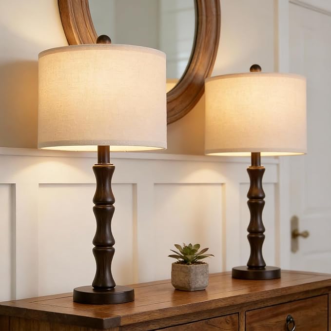 BOBOMOMO 25" Classic Table Lamps Set of 2, Farmhouse Nightstand Lamps with Dark Brown Resin Base & Linen Shade, Standard Table Lamps for Bedroom, Living Room, Hallway & House Décor