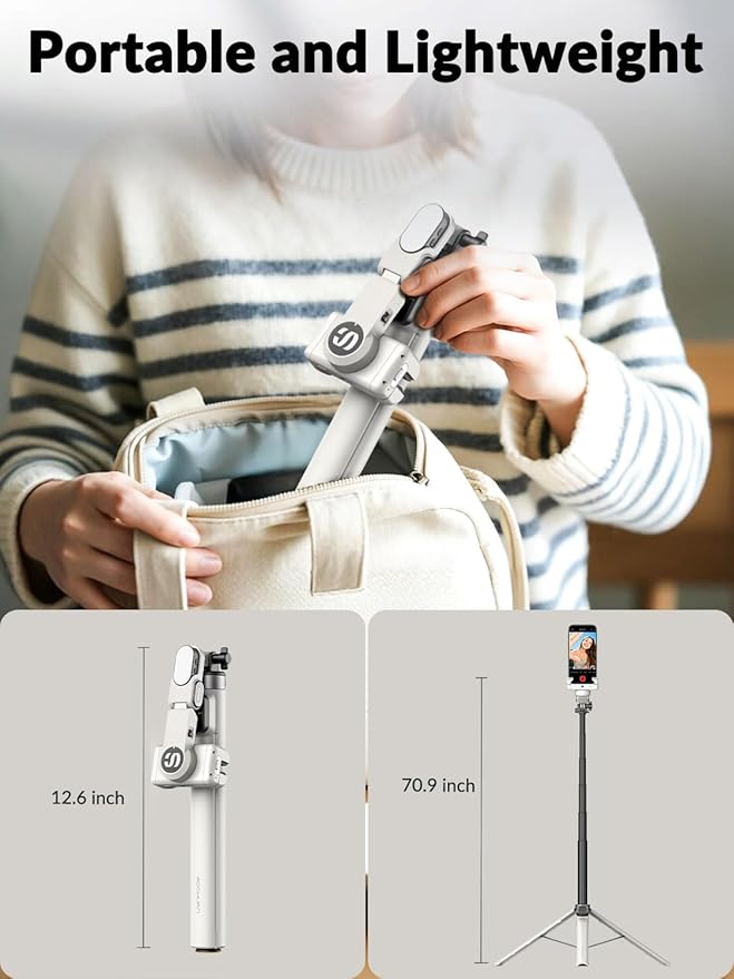 AOCHUAN 70.9” Auto-Open 4-in-1 Smartphone Gimbal for iPhone & Android, AI Face Tracking Phone Stabilizer(No App Needed) w/Magnetic Remote, 360° Rotating Gimbal, RGB Light& Built-in Tripod, M3Pro White