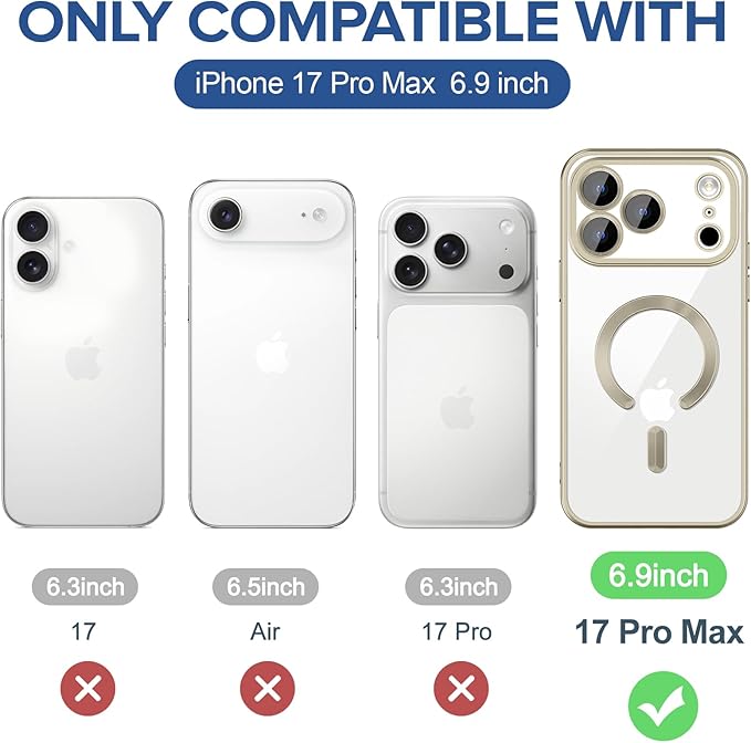 Hython Magnetic Clear for iPhone 17 Pro Max Case with Camera Lens Protector [Compatible with MagSafe] Plating Edge Slim Soft TPU Cover Protective Phone Case for iPhone 17 Pro Max 6.9", Matte Gray