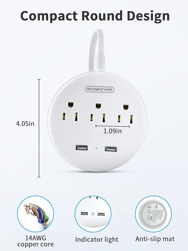 NTONPOWER 2 Prong Power Strip, 9.8ft Extension Cord with Polarized Plug, 3 Prong to 2 Prong Outlet Adapter, 3 Outlets 2 USB Charging Ports, Wall Mountable, Ideal for Old House Non-Grounded Outlets