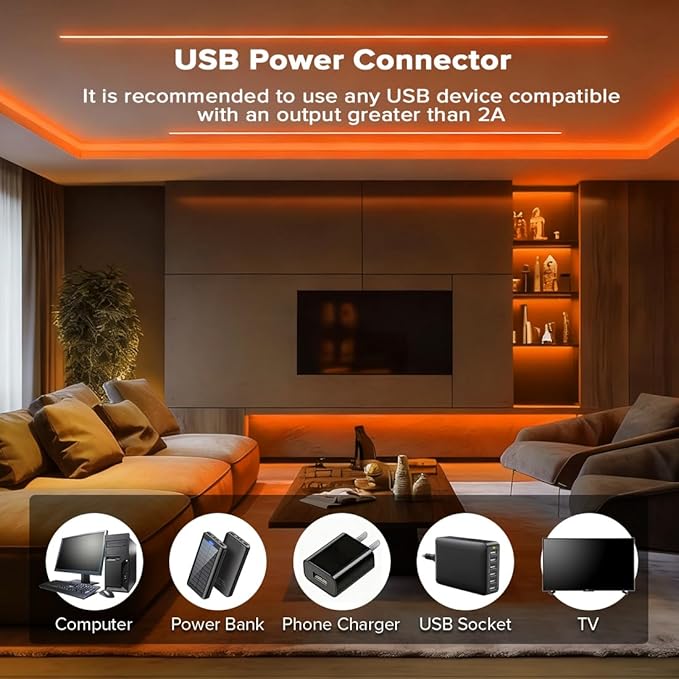 5V COB Orange Led Strip Light 6.56FT USB Powered CRI90+ LED Tape Lights with Dimmer, 8mm Width Dimmable High Density Flexible Strips for TV Under Cabinet Bedroom