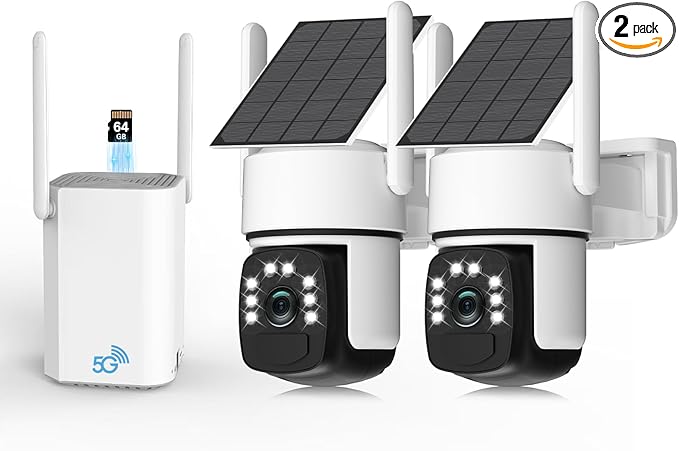 Solar Security Cameras Wireless Outdoor,2 Cam-Kit,Solar-Powered,No Subscription,Home Security Cameras System with 4MP Color Night Vision,Auto Tracking,Spotlight & Siren,64GB Memory Card, 2.4 & 5G WiFi