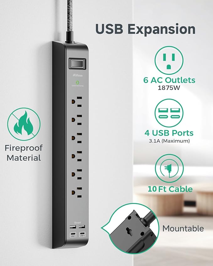 2 Pack 10Ft Extension Cord with Multiple Outlets, Surge Protector Power Strip with 6 Outlets 4 USB Ports, Flat Plug, Wall Mount for Home Office, Dorm, Black
