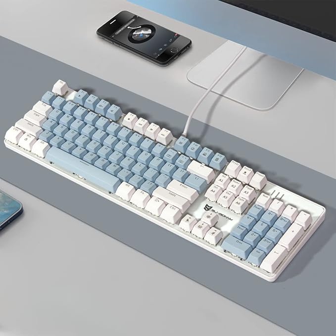 Merdia Full Size Wired Mechanical Gaming Keyboard | Blue Switch Led Backlit 104 Keys US Layout Mechanical Computer Keyboards | Hot Swappable Blue & White Keycaps Light Up PC Gaming Keyboard