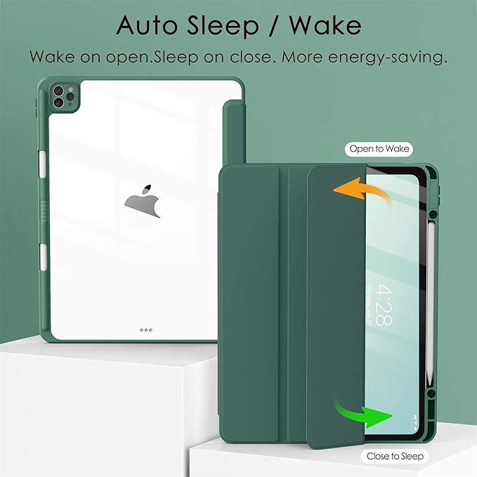 Soke Case for iPad Pro 12.9 Inch (6th/5th/4th/3rd Generation, 2022/2021/2020/2018) - Pencil Holder + Auto Sleep/Wake + Camera Protection, Transparent Shockproof Back Cover,Pine Green