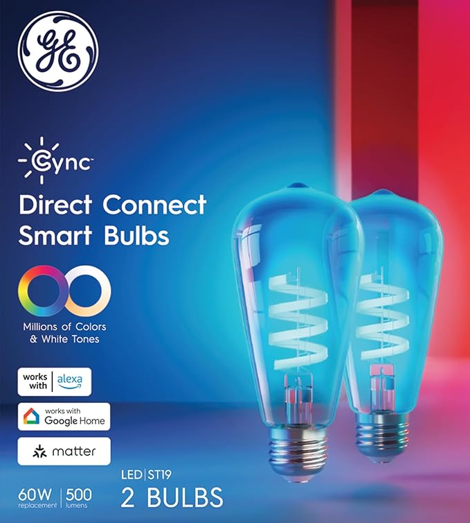 Cync GE Smart LED Light Bulb, ST19 Edison Style, Room Decor Aesthetic, Color Changing WiFi Light, 60W Equivalent, Compatible with Alexa and Google Home (Pack of 2)