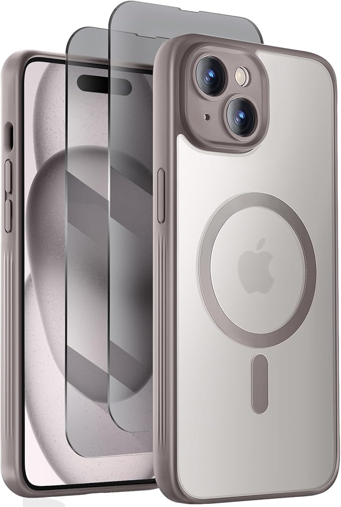 Symcele Designed for iPhone 15 Plus Case, Compatible with MagSafe, with Privacy Screen Protectors X2, [Camera Protection] [15FT Military Drop Protection] Shockproof Phone Case, 6.7", Natural Titanium