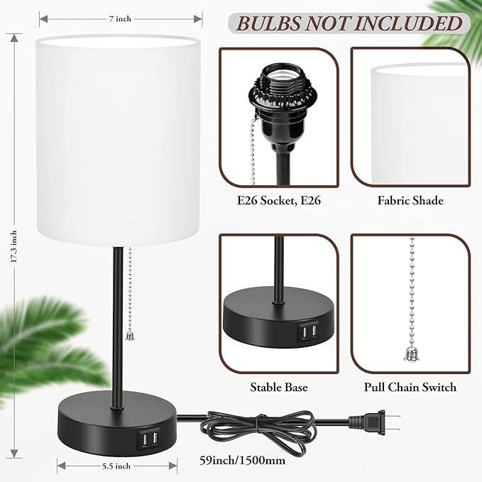 Table Lamps Set of 2 with USB Charging Ports, White Bedside Lamps with AC Outlet, Nightstand Lamps with Pull Chain Switch, Minimalist Modern Desk Lamps with Fabric Shade for Living Room Bedroom Office